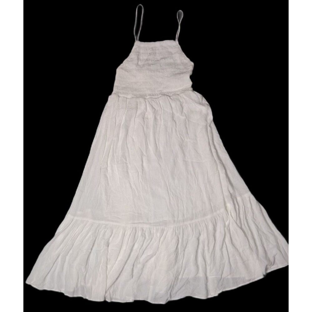 Z Supply Smocked tiered Crinkle Gauze Maxi Dress Size L White Cottagecore Boho - Picture 1 of 12